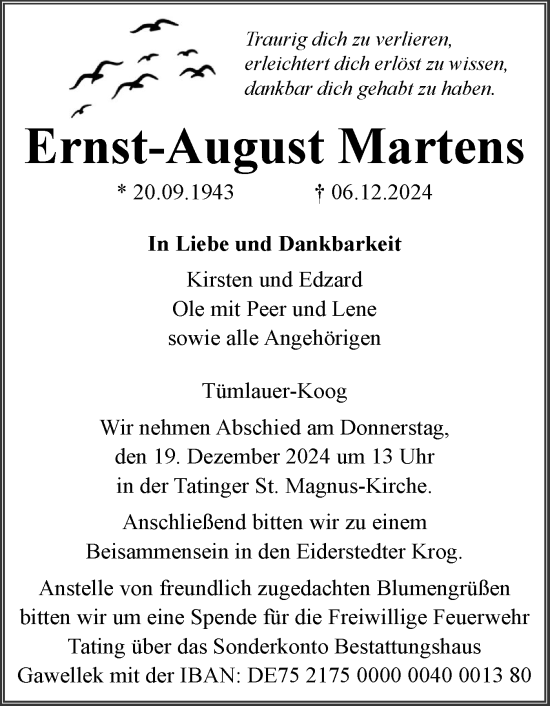 Traueranzeige von Ernst-August Martens von Husumer Nachrichten, Nordfriesland Tageblatt