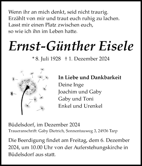 Traueranzeige von Ernst-Günther Eisele von Schleswig-Holsteinische Landeszeitung