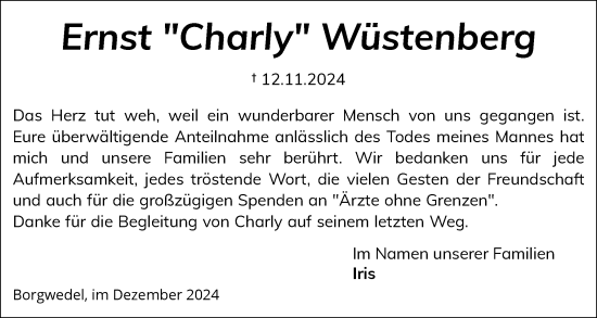 Traueranzeige von Ernst Wüstenberg von Schleswiger Nachrichten, Schlei-Bote