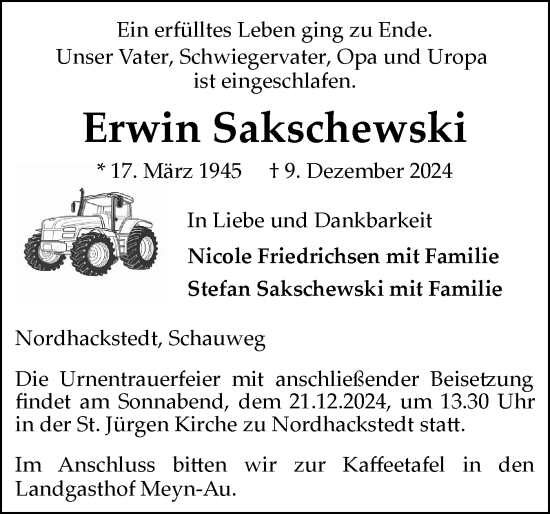 Traueranzeige von Erwin Sakschewski von Flensburger Tageblatt