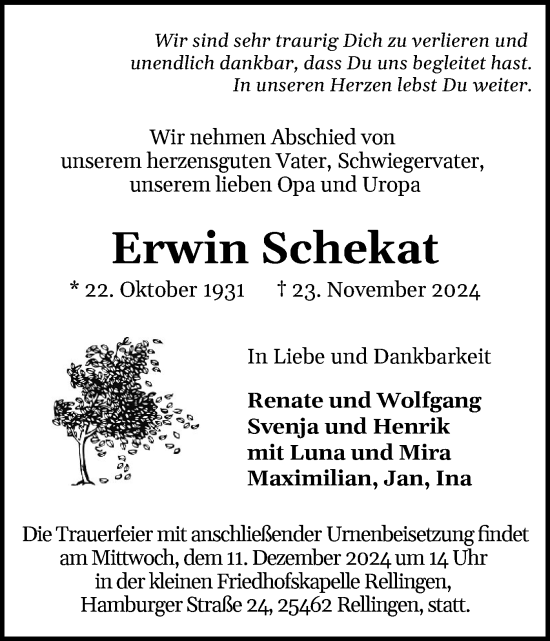 Traueranzeige von Erwin Schekat von Region Pinneberg und tip Pinneberg