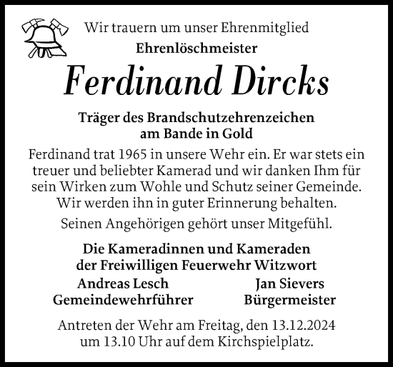 Traueranzeige von Ferdinand Dircks von Husumer Nachrichten, Nordfriesland Tageblatt