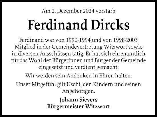 Traueranzeige von Ferdinand Dircks von Husumer Nachrichten, Nordfriesland Tageblatt