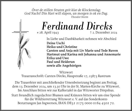 Traueranzeige von Ferdinand Dircks von Husumer Nachrichten, Nordfriesland Tageblatt