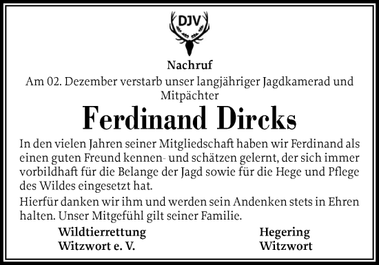 Traueranzeige von Ferdinand Dircks von Husumer Nachrichten, Nordfriesland Tageblatt