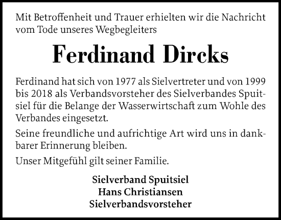 Traueranzeige von Ferdinand Dircks von Husumer Nachrichten, Nordfriesland Tageblatt