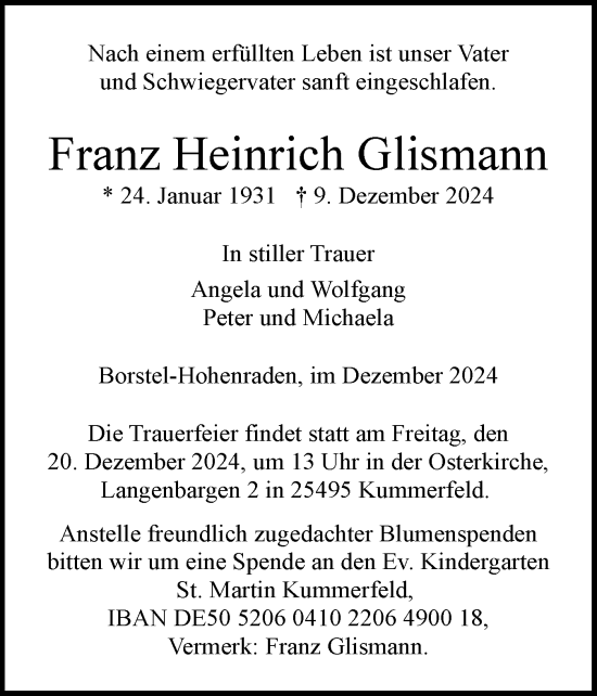 Traueranzeige von Franz Heinrich Glismann von Region Pinneberg und tip Pinneberg