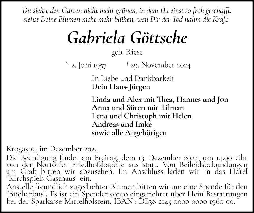  Traueranzeige für Gabriela Göttsche vom 07.12.2024 aus Schleswig-Holsteinische Landeszeitung