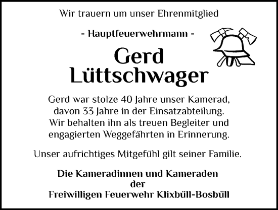 Traueranzeige von Gerd Lüttschwager von Husumer Nachrichten, Nordfriesland Tageblatt