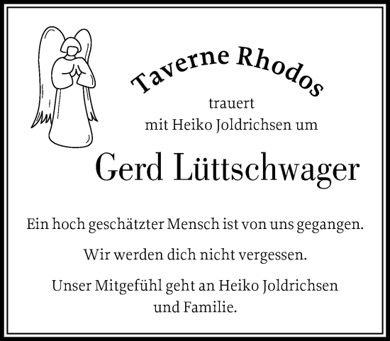 Traueranzeige von Gerd Lüttschwager von Husumer Nachrichten, Nordfriesland Tageblatt