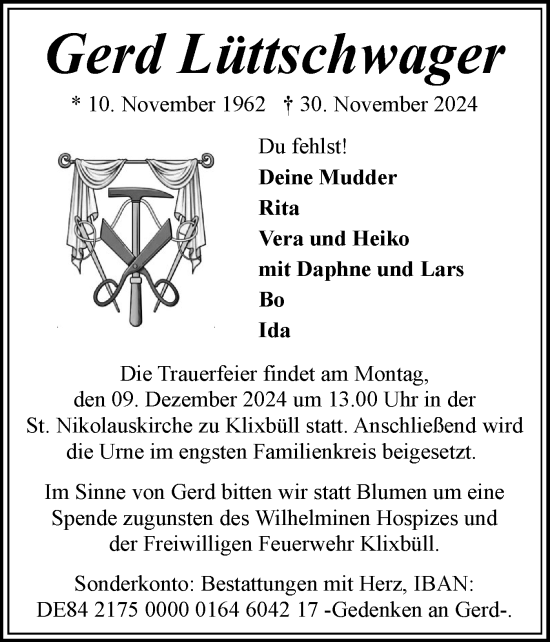 Traueranzeige von Gerd Lüttschwager von Region Westküste