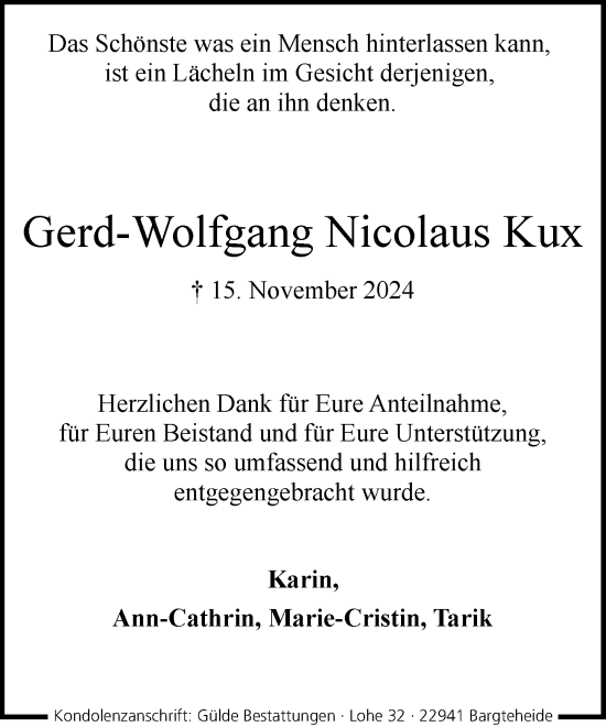 Traueranzeige von Gerd-Wolfgang Nicolaus Kux von Stormaner Tageblatt