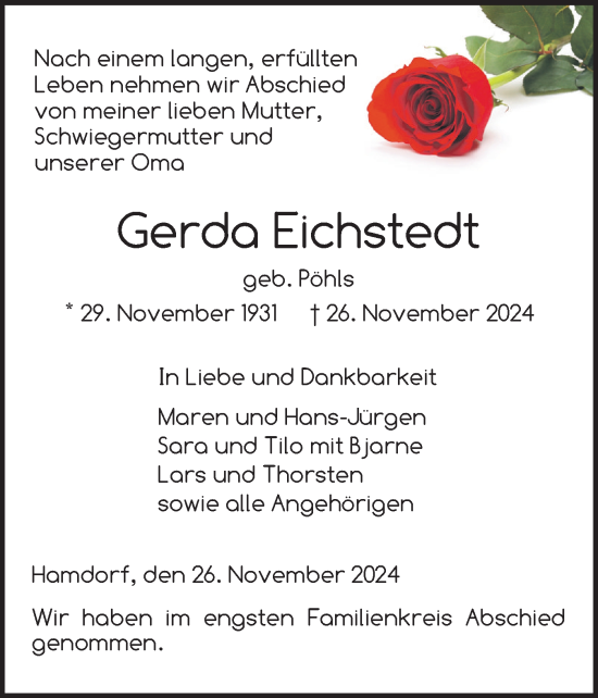 Traueranzeige von Gerda Eichstedt von Schleswig-Holsteinische Landeszeitung