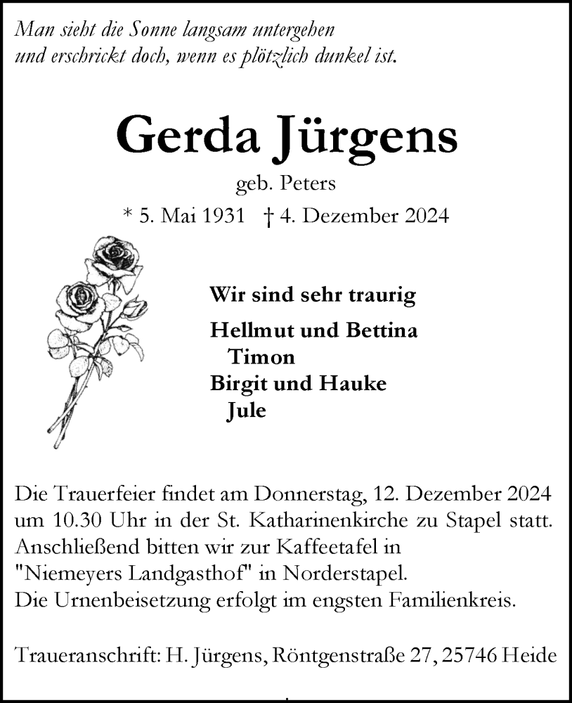  Traueranzeige für Gerda Jürgens vom 07.12.2024 aus Husumer Nachrichten, Nordfriesland Tageblatt