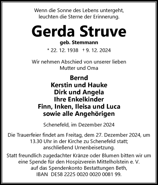 Traueranzeige von Gerda Struve von Norddeutsche Rundschau, Wilstersche Zeitung, Glückstädter Fortuna