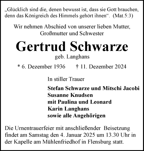 Traueranzeige von Gertrud Schwarze von Flensburger Tageblatt