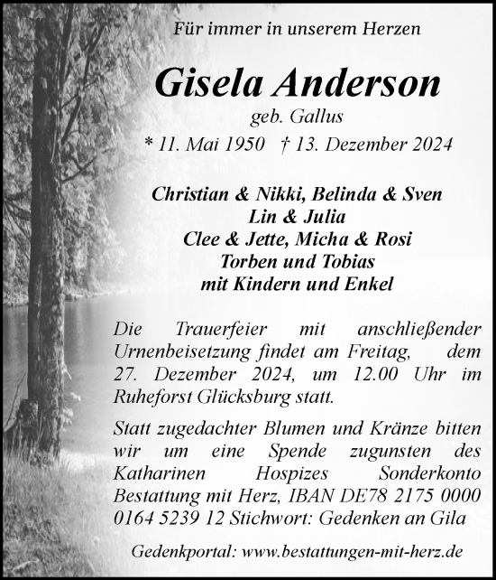 Traueranzeige von Gisela Anderson von Flensburger Tageblatt