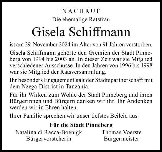 Traueranzeige von Gisela Schiffmann von Region Pinneberg und tip Pinneberg