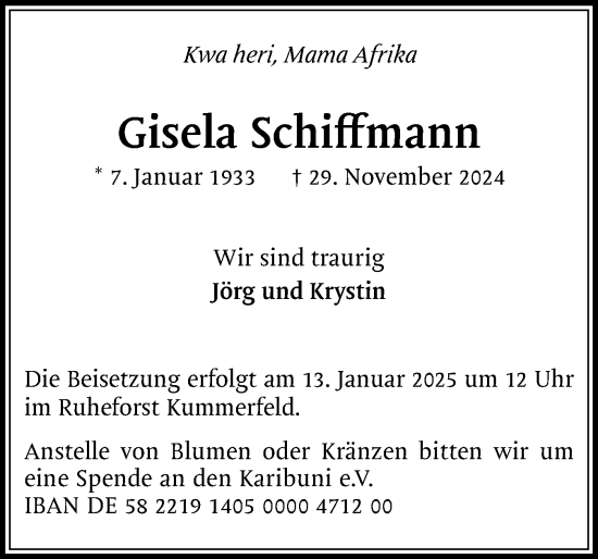 Traueranzeige von Gisela Schiffmann von Region Pinneberg und tip Pinneberg