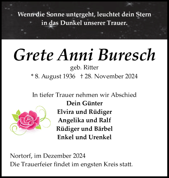 Traueranzeige von Grete Anni Buresch von Schleswig-Holsteinische Landeszeitung