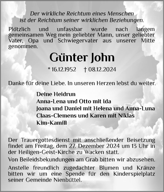 Traueranzeige von Günter John von Norddeutsche Rundschau, Wilstersche Zeitung, Glückstädter Fortuna