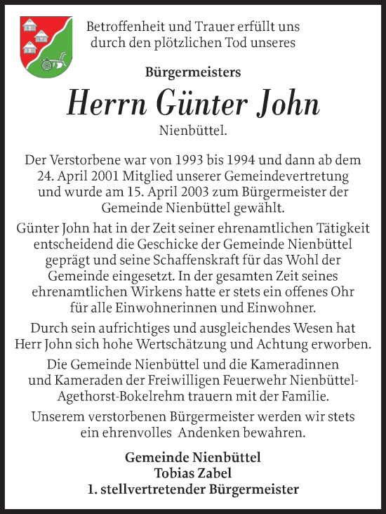 Traueranzeige von Günter John von Norddeutsche Rundschau, Wilstersche Zeitung, Glückstädter Fortuna