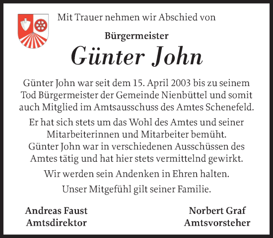 Traueranzeige von Günter John von Norddeutsche Rundschau, Wilstersche Zeitung, Glückstädter Fortuna