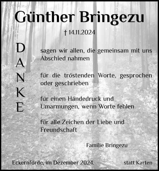 Traueranzeige von Günther Bringezu von Schleswiger Nachrichten, Schlei-Bote, Eckernförder Zeitung