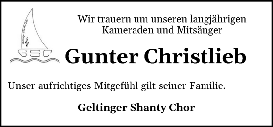 Traueranzeige von Gunter Christlieb von Schleswiger Nachrichten, Schlei-Bote