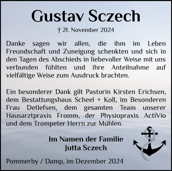 Traueranzeige von Gustav Sczech von Eckernförder Zeitung, Hallo Eckernförde