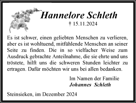 Traueranzeige von Hannelore Schleth von Schleswig-Holsteinische Landeszeitung