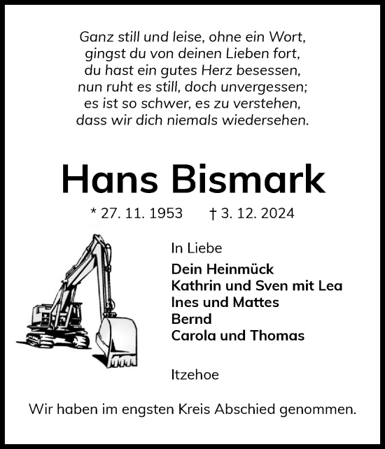 Traueranzeige von Hans Bismark von Norddeutsche Rundschau, Wilstersche Zeitung, Glückstädter Fortuna