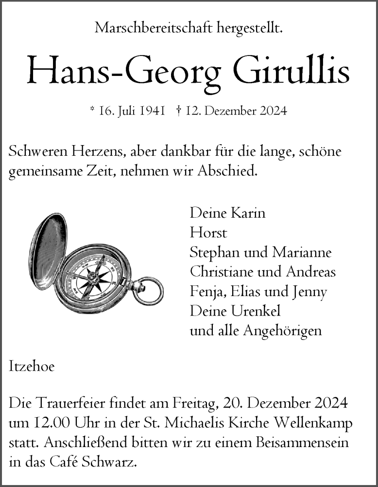  Traueranzeige für Hans-Georg Girullis vom 16.12.2024 aus Norddeutsche Rundschau, Wilstersche Zeitung, Glückstädter Fortuna