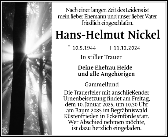 Traueranzeige von Hans-Helmut Nickel von Schleswiger Nachrichten, Schlei-Bote