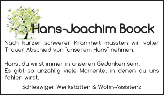 Traueranzeige von Hans-Joachim Boock von Schleswiger Nachrichten, Schlei-Bote