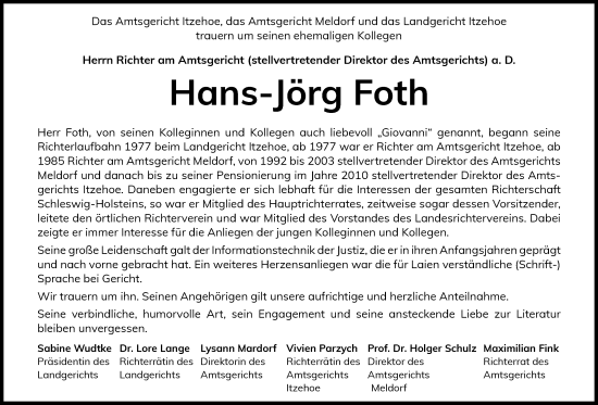 Traueranzeige von Hans-Jörg Foth von Norddeutsche Rundschau, Wilstersche Zeitung, Glückstädter Fortuna