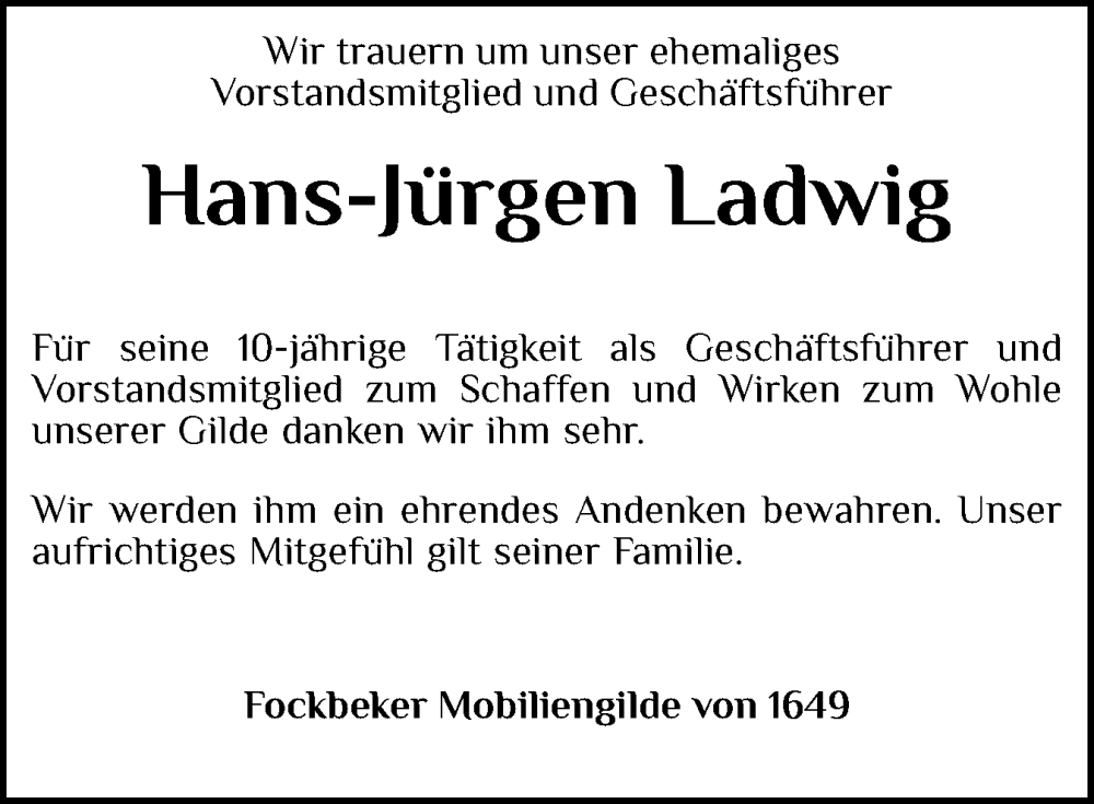  Traueranzeige für Hans-Jürgen Ladwig vom 14.12.2024 aus Schleswig-Holsteinische Landeszeitung