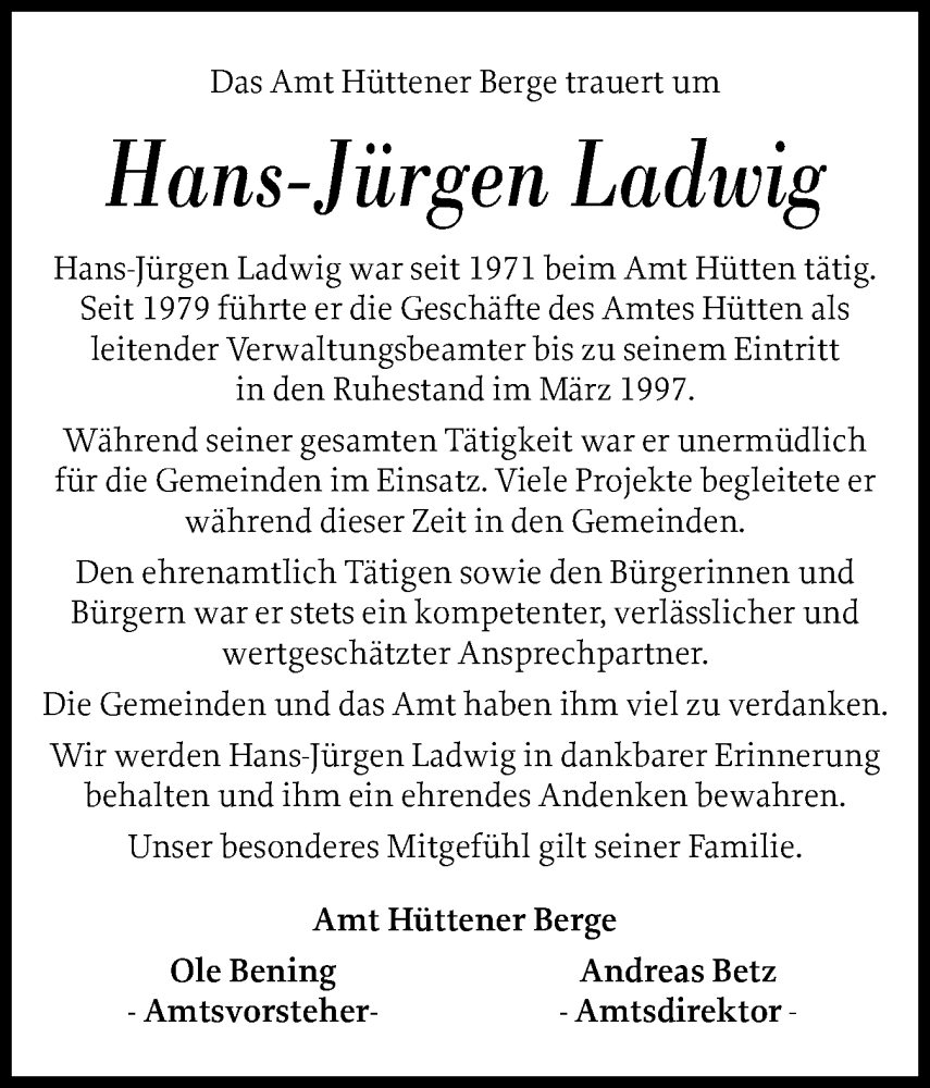 Traueranzeige für Hans-Jürgen Ladwig vom 14.12.2024 aus Schleswig-Holsteinische Landeszeitung
