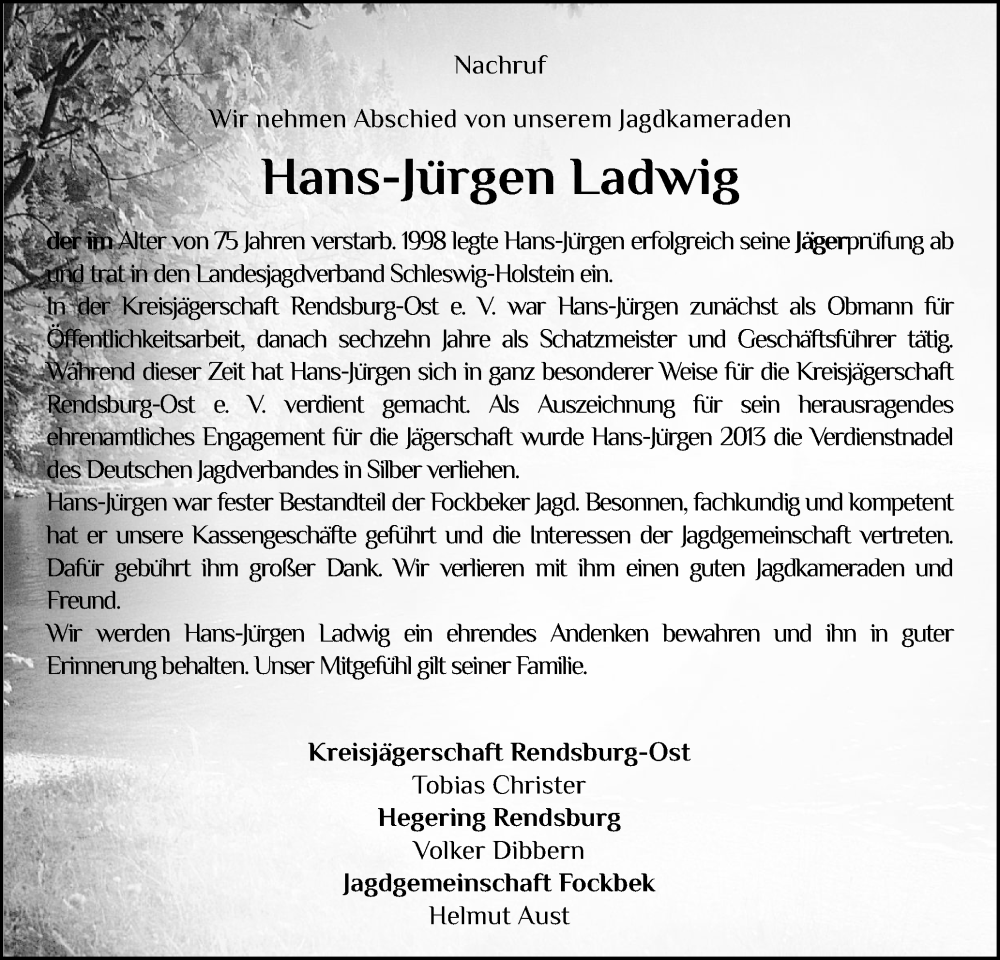  Traueranzeige für Hans-Jürgen Ladwig vom 14.12.2024 aus Schleswig-Holsteinische Landeszeitung