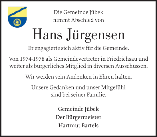 Traueranzeige von Hans Jürgensen von Schleswiger Nachrichten, Schlei-Bote