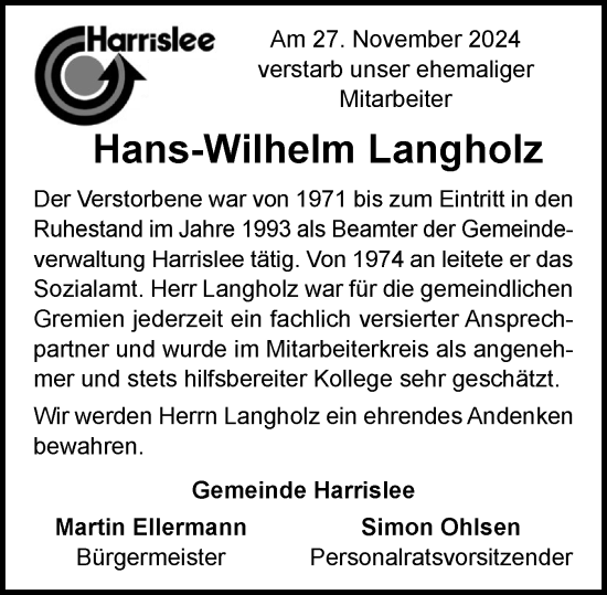 Traueranzeige von Hans-Wilhelm Langholz von Flensburger Tageblatt