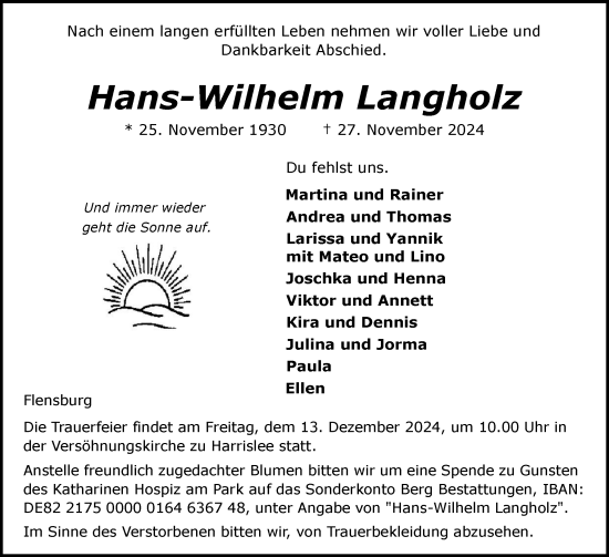 Traueranzeige von Hans-Wilhelm Langholz von Flensburger Tageblatt