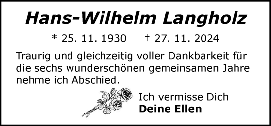 Traueranzeige von Hans-Wilhelm Langholz von Flensburger Tageblatt