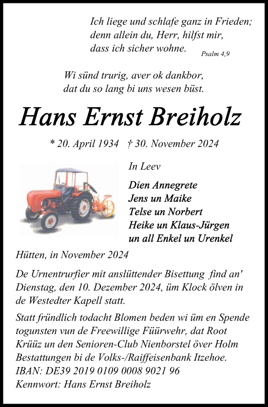 Traueranzeige von Hans Ernst Breiholz von Schleswig-Holsteinische Landeszeitung