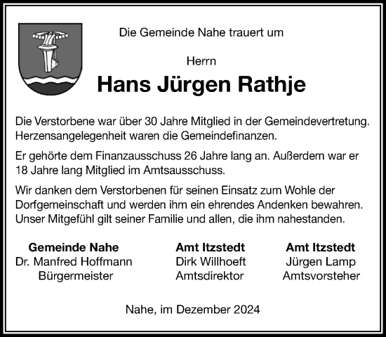 Traueranzeige von Hans Jürgen Rathje von Stormaner Tageblatt