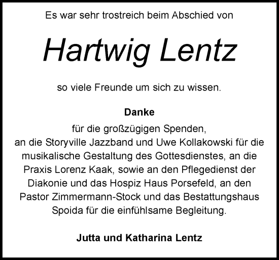 Traueranzeige von Hartwig Lentz von Schleswig-Holsteinische Landeszeitung