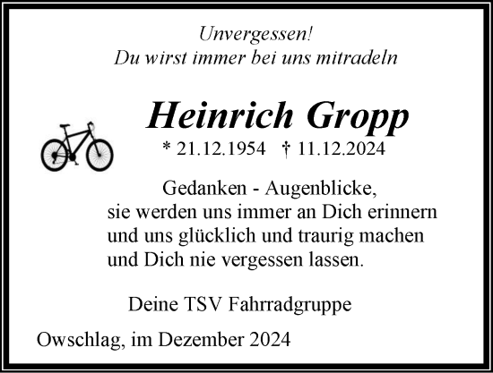 Traueranzeige von Heinrich Gropp von Schleswig-Holsteinische Landeszeitung