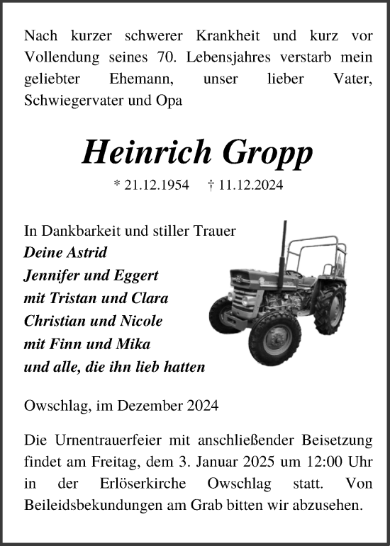 Traueranzeige von Heinrich Gropp von Schleswig-Holsteinische Landeszeitung