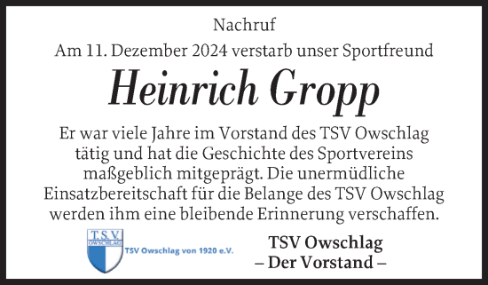 Traueranzeige von Heinrich Gropp von Schleswig-Holsteinische Landeszeitung