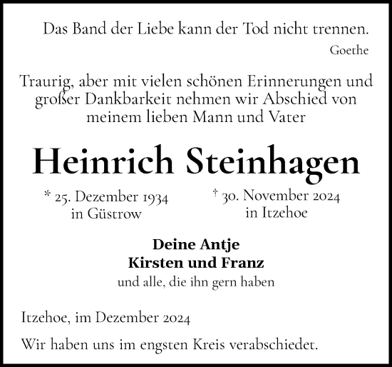 Traueranzeige von Heinrich Steinhagen von Norddeutsche Rundschau, Wilstersche Zeitung, Glückstädter Fortuna